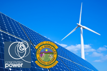 Photo: Concentric Power Logo, City of Gonzales Logo, Solar, Wind Turbine