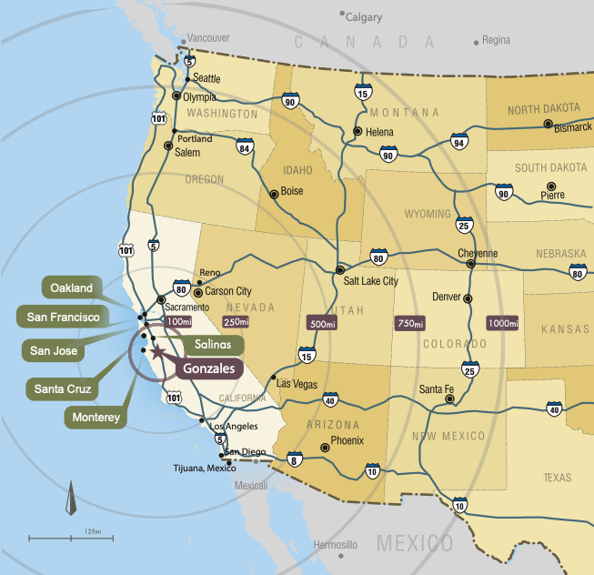 Map showing distances from Gonzales to local major cities