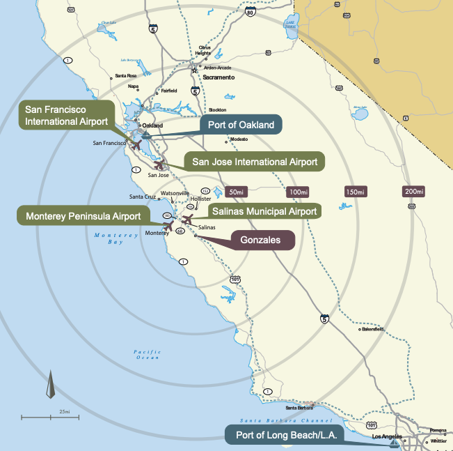 Map showing transportation locations near Gonzales CA