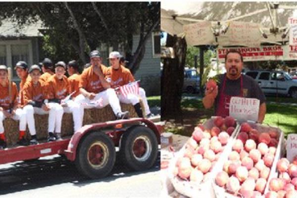 montage of Gonzales living: youth, baseball team on fire-truck, farmers market, senior citizens by eagle statue